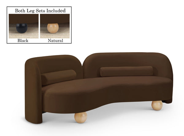 Meridian Furniture Daphne Art Deco Curved Sofa with Deep Seating and Interchangeable Wood Ball Legs for Living Rooms Brown Velvet 44002Brown-S