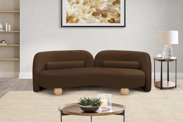 Meridian Furniture Daphne Art Deco Curved Sofa with Deep Seating and Interchangeable Wood Ball Legs for Living Rooms Brown Velvet 44002Brown-S