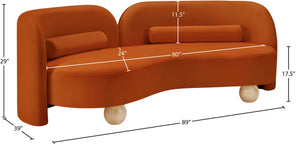 Meridian Furniture Daphne Art Deco Curved Sofa with Deep Seating and Interchangeable Wood Ball Legs for Living Rooms Cognac Velvet 44002Cognac-S