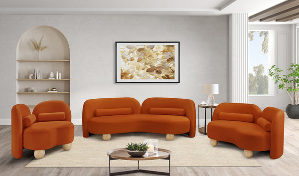 Meridian Furniture Daphne Art Deco Curved Sofa with Deep Seating and Interchangeable Wood Ball Legs for Living Rooms Cognac Velvet 44002Cognac-S