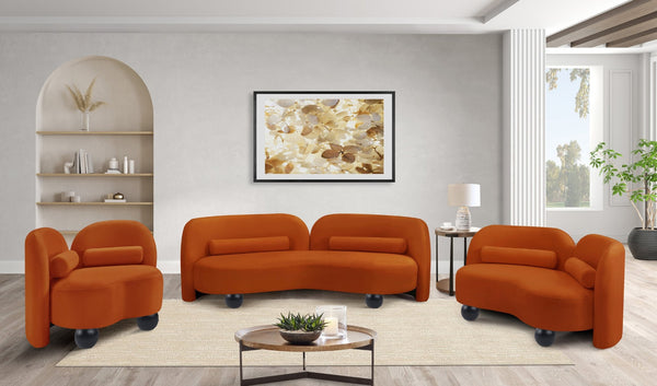 Meridian Furniture Daphne Art Deco Curved Sofa with Deep Seating and Interchangeable Wood Ball Legs for Living Rooms Cognac Velvet 44002Cognac-S