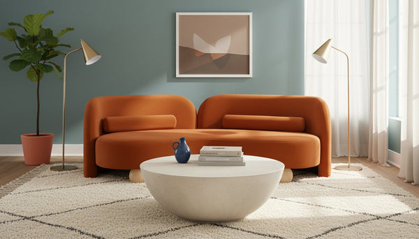 Meridian Furniture Daphne Art Deco Curved Sofa with Deep Seating and Interchangeable Wood Ball Legs for Living Rooms Cognac Velvet 44002Cognac-S