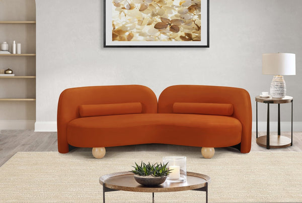 Meridian Furniture Daphne Art Deco Curved Sofa with Deep Seating and Interchangeable Wood Ball Legs for Living Rooms Cognac Velvet 44002Cognac-S