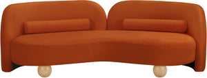 Meridian Furniture Daphne Art Deco Curved Sofa with Deep Seating and Interchangeable Wood Ball Legs for Living Rooms Cognac Velvet 44002Cognac-S