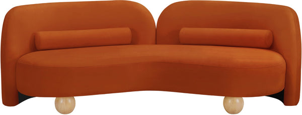 Meridian Furniture Daphne Art Deco Curved Sofa with Deep Seating and Interchangeable Wood Ball Legs for Living Rooms Cognac Velvet 44002Cognac-S