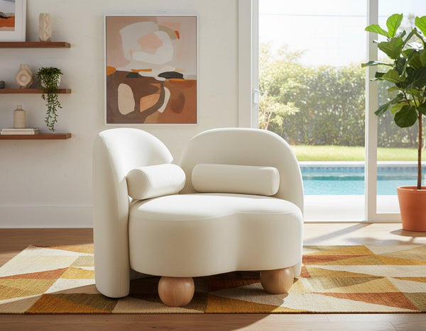 Meridian Furniture Daphne Art Deco Accent Chair Sculptural Curves Ball Legs for Living Room or Bedroom Cream Velvet 44002Cream-C