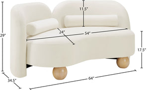 Meridian Furniture Daphne Art Deco Curved Loveseat with Swappable Wood Legs and Plush Upholstery for Living Rooms Cream Velvet 44002Cream-L