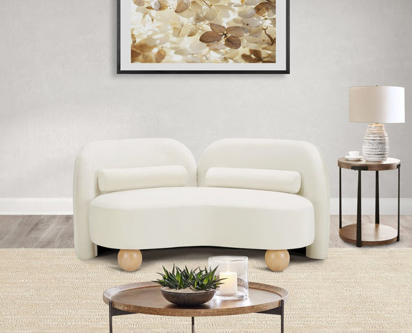 Meridian Furniture Daphne Art Deco Curved Loveseat with Swappable Wood Legs and Plush Upholstery for Living Rooms Cream Velvet 44002Cream-L