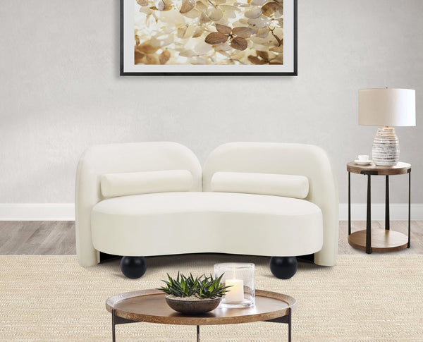 Meridian Furniture Daphne Art Deco Curved Loveseat with Swappable Wood Legs and Plush Upholstery for Living Rooms Cream Velvet 44002Cream-L