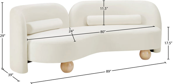 Meridian Furniture Daphne Art Deco Curved Sofa with Deep Seating and Interchangeable Wood Ball Legs for Living Rooms Cream Velvet 44002Cream-S