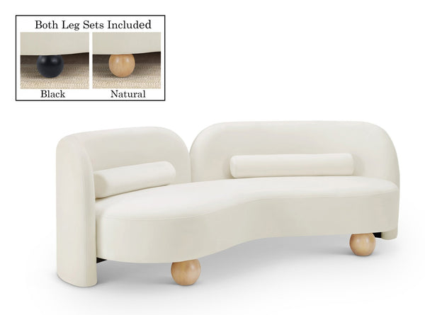 Meridian Furniture Daphne Art Deco Curved Sofa with Deep Seating and Interchangeable Wood Ball Legs for Living Rooms Cream Velvet 44002Cream-S