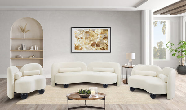 Meridian Furniture Daphne Art Deco Curved Sofa with Deep Seating and Interchangeable Wood Ball Legs for Living Rooms Cream Velvet 44002Cream-S