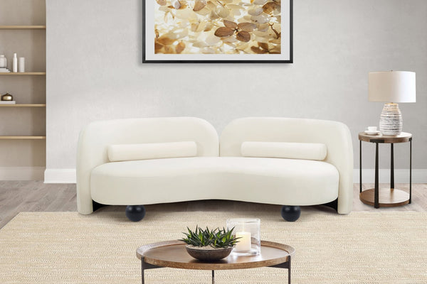 Meridian Furniture Daphne Art Deco Curved Sofa with Deep Seating and Interchangeable Wood Ball Legs for Living Rooms Cream Velvet 44002Cream-S