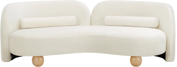Meridian Furniture Daphne Art Deco Curved Sofa with Deep Seating and Interchangeable Wood Ball Legs for Living Rooms Cream Velvet 44002Cream-S