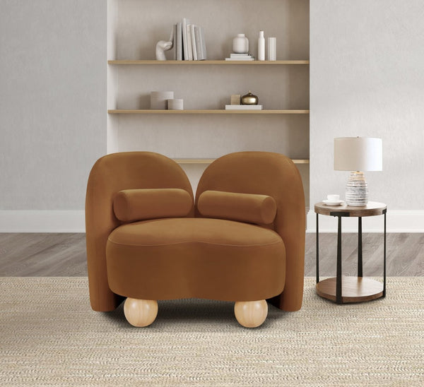 Meridian Furniture Daphne Art Deco Accent Chair Sculptural Curves Ball Legs for Living Room or Bedroom Saddle Velvet 44002Saddle-C