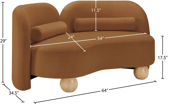 Meridian Furniture Daphne Art Deco Curved Loveseat with Swappable Wood Legs and Plush Upholstery for Living Rooms Saddle Velvet 44002Saddle-L