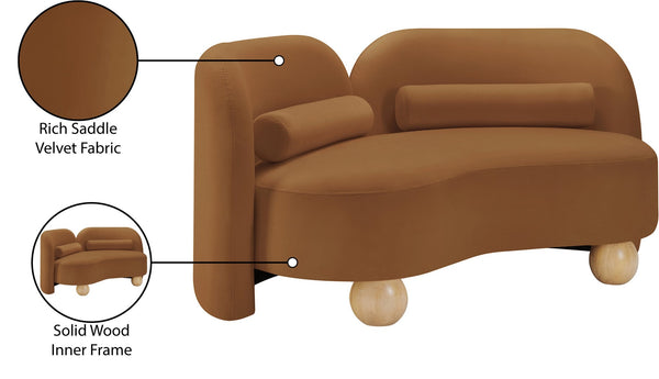 Meridian Furniture Daphne Art Deco Curved Loveseat with Swappable Wood Legs and Plush Upholstery for Living Rooms Saddle Velvet 44002Saddle-L