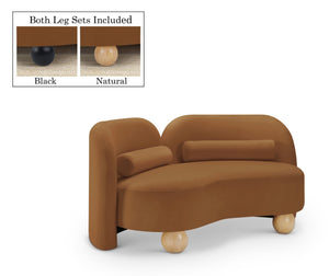 Meridian Furniture Daphne Art Deco Curved Loveseat with Swappable Wood Legs and Plush Upholstery for Living Rooms Saddle Velvet 44002Saddle-L