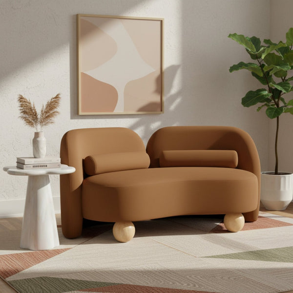 Meridian Furniture Daphne Art Deco Curved Loveseat with Swappable Wood Legs and Plush Upholstery for Living Rooms Saddle Velvet 44002Saddle-L