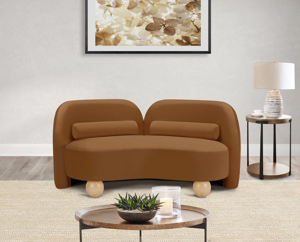 Meridian Furniture Daphne Art Deco Curved Loveseat with Swappable Wood Legs and Plush Upholstery for Living Rooms Saddle Velvet 44002Saddle-L