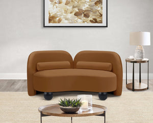 Meridian Furniture Daphne Art Deco Curved Loveseat with Swappable Wood Legs and Plush Upholstery for Living Rooms Saddle Velvet 44002Saddle-L