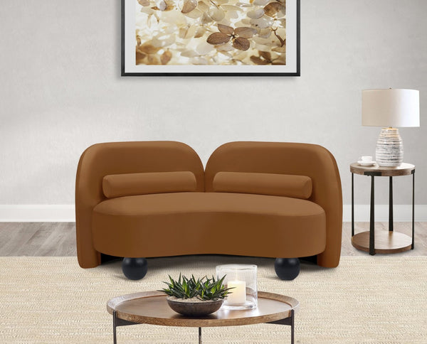 Meridian Furniture Daphne Art Deco Curved Loveseat with Swappable Wood Legs and Plush Upholstery for Living Rooms Saddle Velvet 44002Saddle-L