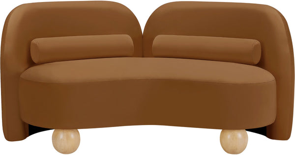 Meridian Furniture Daphne Art Deco Curved Loveseat with Swappable Wood Legs and Plush Upholstery for Living Rooms Saddle Velvet 44002Saddle-L