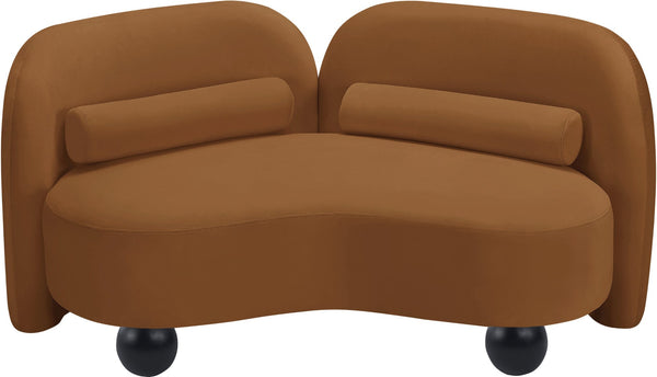 Meridian Furniture Daphne Art Deco Curved Loveseat with Swappable Wood Legs and Plush Upholstery for Living Rooms Saddle Velvet 44002Saddle-L