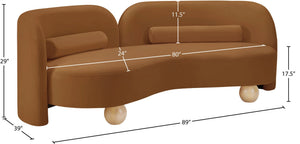 Meridian Furniture Daphne Art Deco Curved Sofa with Deep Seating and Interchangeable Wood Ball Legs for Living Rooms Saddle Velvet 44002Saddle-S
