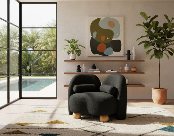 Meridian Furniture Daphne Art Deco Accent Chair Sculptural Curves Ball Legs for Living Room or Bedroom Black Boucle Fabric 44003Black-C