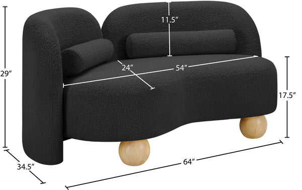Meridian Furniture Daphne Art Deco Curved Loveseat with Swappable Wood Legs and Plush Upholstery for Living Rooms Black Boucle Fabric 44003Black-L