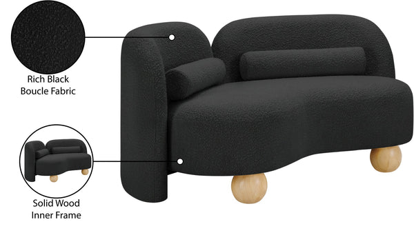 Meridian Furniture Daphne Art Deco Curved Loveseat with Swappable Wood Legs and Plush Upholstery for Living Rooms Black Boucle Fabric 44003Black-L