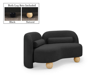 Meridian Furniture Daphne Art Deco Curved Loveseat with Swappable Wood Legs and Plush Upholstery for Living Rooms Black Boucle Fabric 44003Black-L