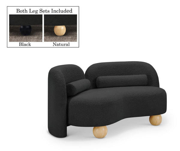 Meridian Furniture Daphne Art Deco Curved Loveseat with Swappable Wood Legs and Plush Upholstery for Living Rooms Black Boucle Fabric 44003Black-L