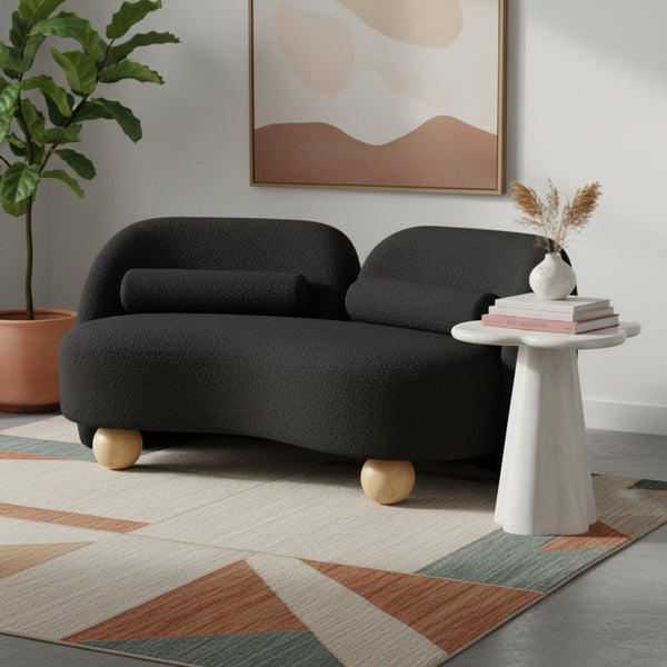 Meridian Furniture Daphne Art Deco Curved Loveseat with Swappable Wood Legs and Plush Upholstery for Living Rooms Black Boucle Fabric 44003Black-L