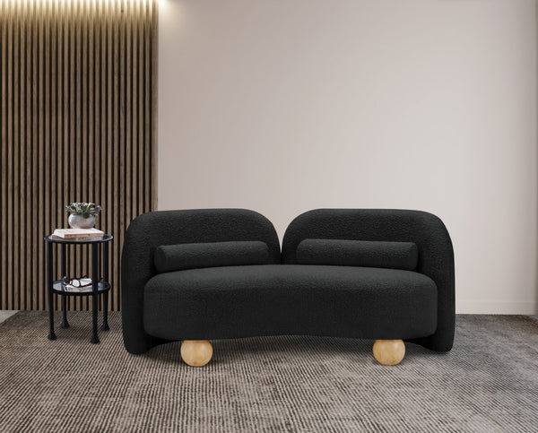 Meridian Furniture Daphne Art Deco Curved Loveseat with Swappable Wood Legs and Plush Upholstery for Living Rooms Black Boucle Fabric 44003Black-L