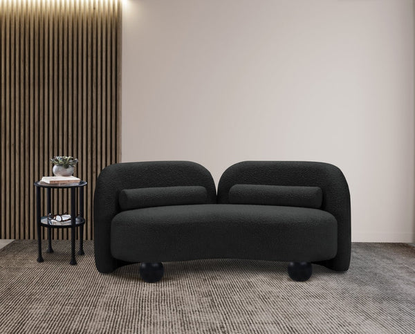 Meridian Furniture Daphne Art Deco Curved Loveseat with Swappable Wood Legs and Plush Upholstery for Living Rooms Black Boucle Fabric 44003Black-L