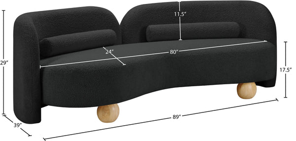 Meridian Furniture Daphne Art Deco Curved Sofa with Deep Seating and Interchangeable Wood Ball Legs for Living Rooms Black Boucle Fabric 44003Black-S