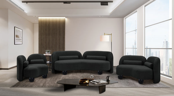 Meridian Furniture Daphne Art Deco Curved Sofa with Deep Seating and Interchangeable Wood Ball Legs for Living Rooms Black Boucle Fabric 44003Black-S