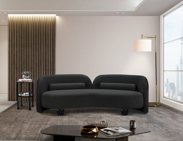 Meridian Furniture Daphne Art Deco Curved Sofa with Deep Seating and Interchangeable Wood Ball Legs for Living Rooms Black Boucle Fabric 44003Black-S