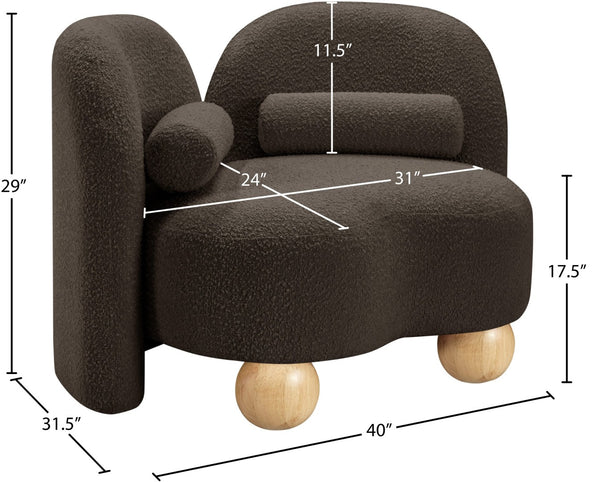 Meridian Furniture Daphne Art Deco Accent Chair Sculptural Curves Ball Legs for Living Room or Bedroom Brown Boucle Fabric 44003Brown-C