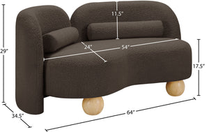 Meridian Furniture Daphne Art Deco Curved Loveseat with Swappable Wood Legs and Plush Upholstery for Living Rooms Brown Boucle Fabric 44003Brown-L