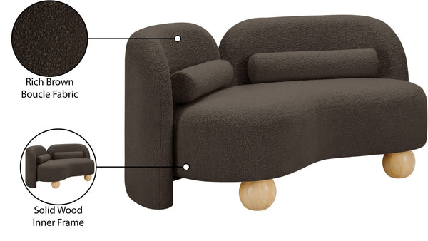 Meridian Furniture Daphne Art Deco Curved Loveseat with Swappable Wood Legs and Plush Upholstery for Living Rooms Brown Boucle Fabric 44003Brown-L
