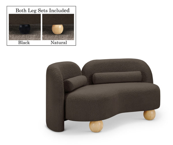 Meridian Furniture Daphne Art Deco Curved Loveseat with Swappable Wood Legs and Plush Upholstery for Living Rooms Brown Boucle Fabric 44003Brown-L