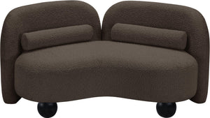 Meridian Furniture Daphne Art Deco Curved Loveseat with Swappable Wood Legs and Plush Upholstery for Living Rooms Brown Boucle Fabric 44003Brown-L