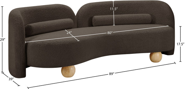 Meridian Furniture Daphne Art Deco Curved Sofa with Deep Seating and Interchangeable Wood Ball Legs for Living Rooms Brown Boucle Fabric 44003Brown-S