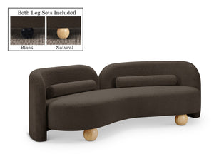 Meridian Furniture Daphne Art Deco Curved Sofa with Deep Seating and Interchangeable Wood Ball Legs for Living Rooms Brown Boucle Fabric 44003Brown-S