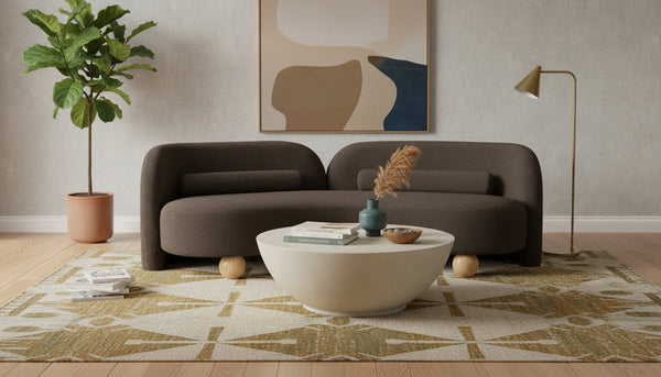 Meridian Furniture Daphne Art Deco Curved Sofa with Deep Seating and Interchangeable Wood Ball Legs for Living Rooms Brown Boucle Fabric 44003Brown-S