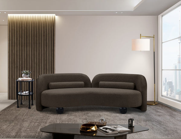 Meridian Furniture Daphne Art Deco Curved Sofa with Deep Seating and Interchangeable Wood Ball Legs for Living Rooms Brown Boucle Fabric 44003Brown-S