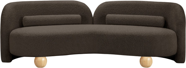 Meridian Furniture Daphne Art Deco Curved Sofa with Deep Seating and Interchangeable Wood Ball Legs for Living Rooms Brown Boucle Fabric 44003Brown-S